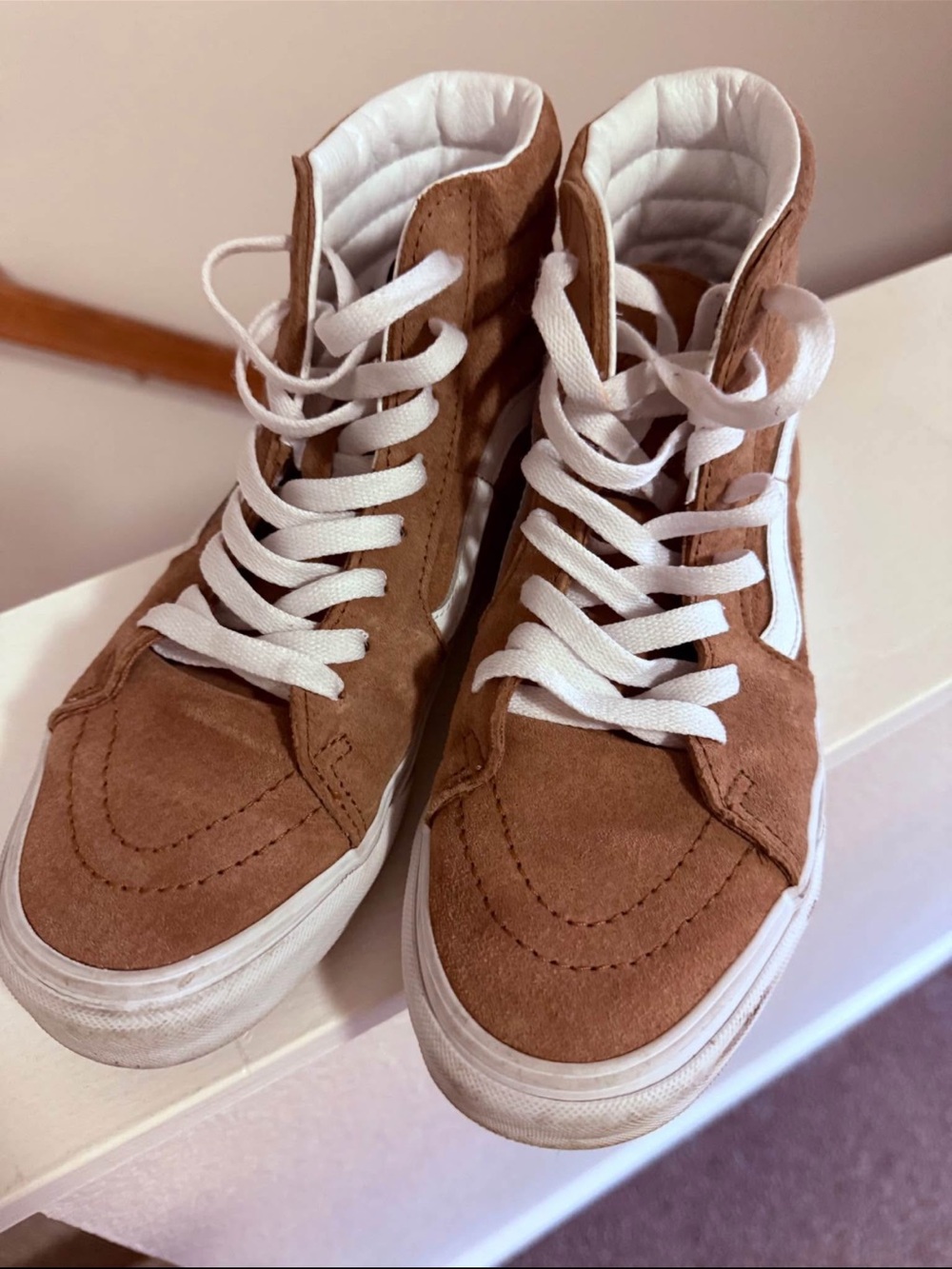 Vans Sk8-Hi Suede High Top Sneakers in Brown and White - Picture 2 of 3